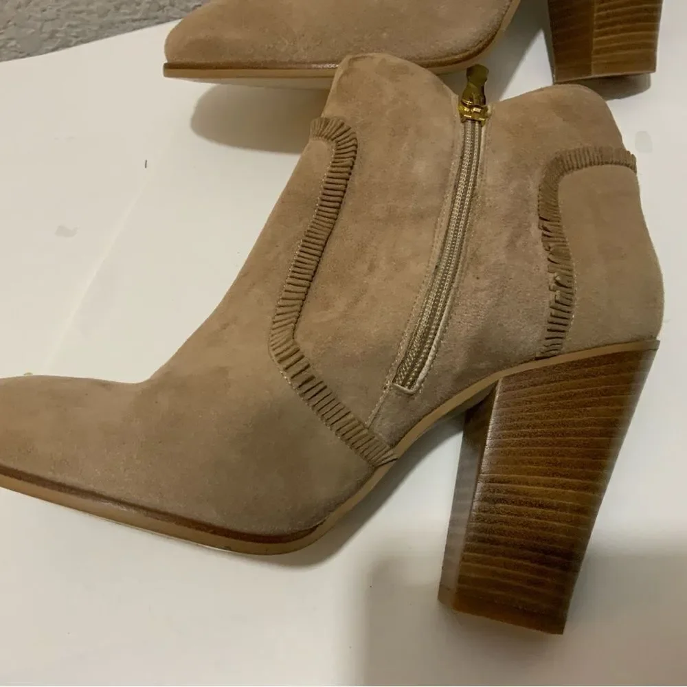 New Dee Keller Tan Suede Mini Fringe Details Ankle Boots Side Zip US 9 EU 39
